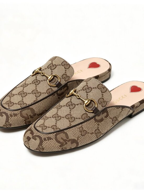 Gucci Shoes - Gucci Monogram Jumbo GG Malaga Princetown Slippers Camel Ebony Beige EU37 475094